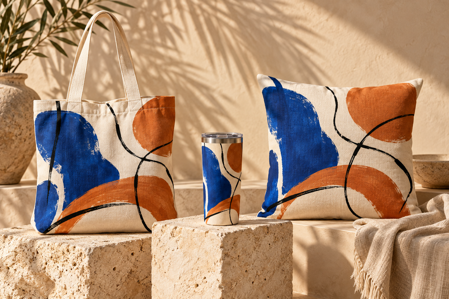 Original fictional tote, tumbler, and cushion with abstract art